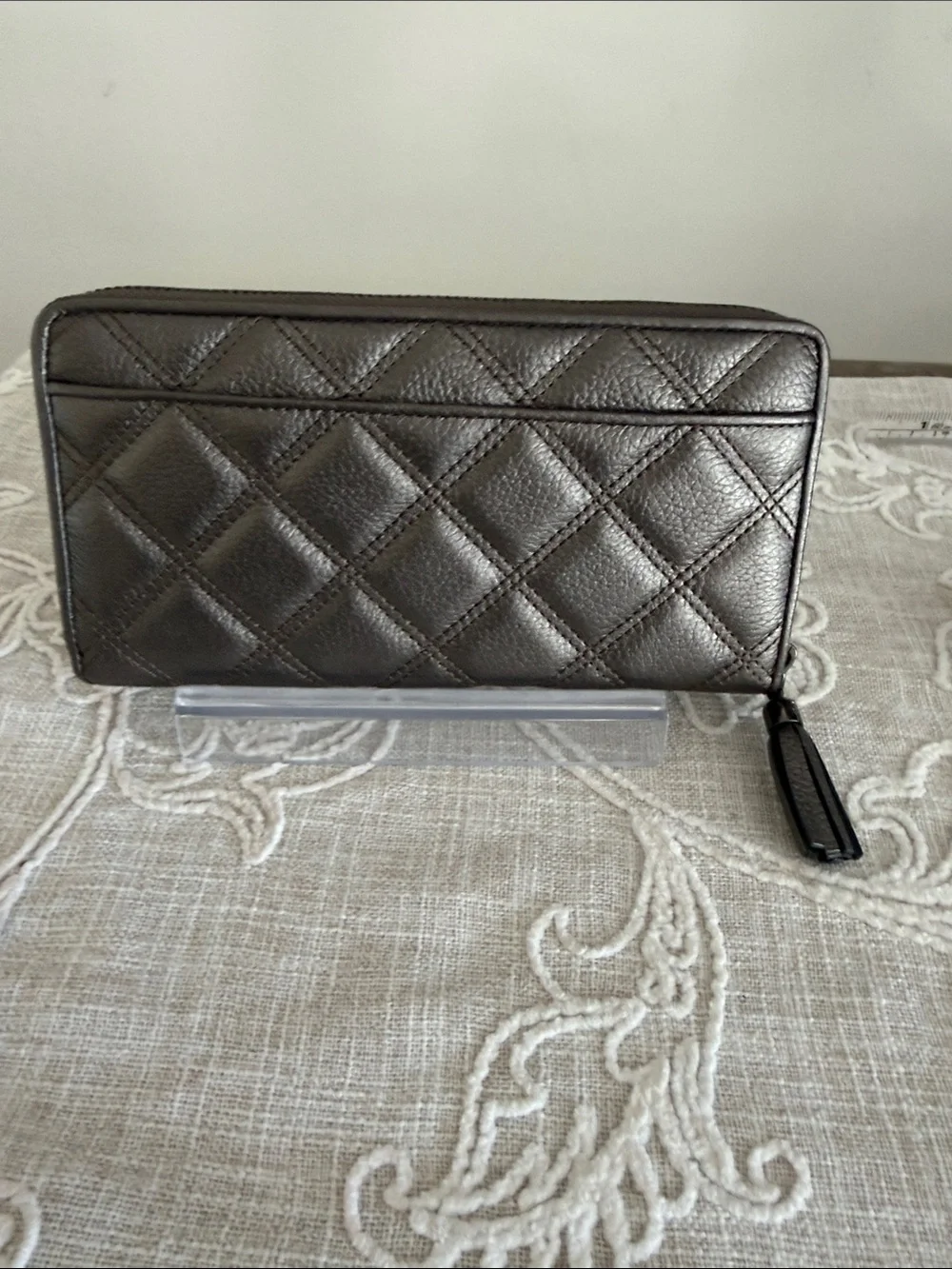 Cole Haan Quilted Metallic Grey Pewter Zip Around Wallet with Tassel Pull